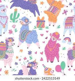 Seamless pattern with colorful cute llamas. Beautiful alpacas with different decorations. Cartoon flat vector of Llama alpaca unicorn, flowers, hearts, gift box, balloons. Funny curly fur animal