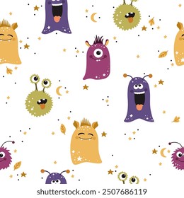 Seamless pattern with colorful cute monsters. Print on children's fabric and clothes. Vector illustration