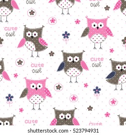 Seamless pattern with colorful cute owls, lettering  and floral elements for kids design
