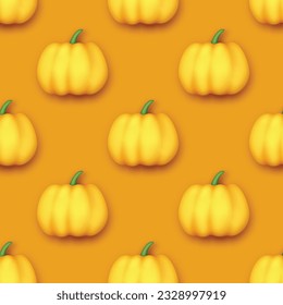 Patrón sin foco con Calabaza Cuta colorida en estilo moderno de plástico. Textura de caricatura de moda. Objeto realista. Feliz Halloween y el Concepto de Acción de Gracias. Ilustración del vector 3d