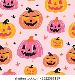 Padrão contínuo com abóboras bonitas coloridas e estrelas para Halloween, ilustração de estilo plano