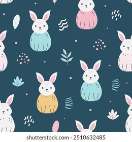 Seamless pattern with colorful cute rabbit. Floral elements. For fabric, textile, wallpaper, wrapping paper, kids apparel, baby product. Vector illustration