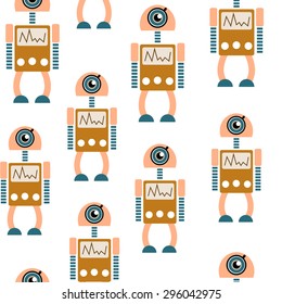 Seamless pattern of colorful cute robots on light background