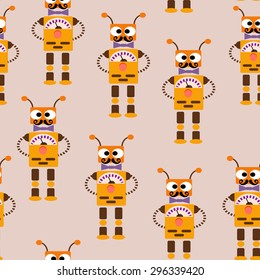 Seamless pattern of colorful cute robots on light background
