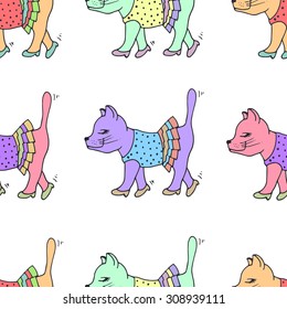 Seamless pattern with colorful cute walking cats,wearing a dress and shoes on white background.
Funny pet endless illustration.