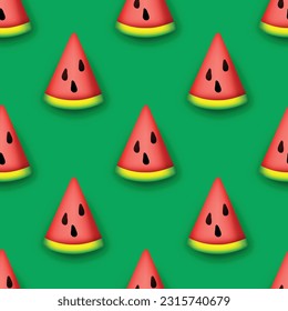 Seamless Pattern with Colorful Cute Watermelon Slice in Modern Plastic Style. Trendy Cartoon Texture. Realistic Object. Modern Concept. Vector 3d Illustration
