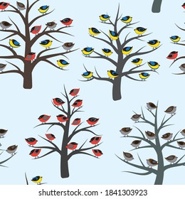 Seamless pattern of colorful cute winter birds in trees. Bullfinches, titmouses, sparrows on blue background. Childish cartoon style. Vector texture for textile print, kids fabric, textile design.