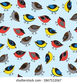 Seamless pattern of colorful cute winter birds in childish cartoon style on blue background. Bullfinches, titmouses, sparrows. Vector texture for textile print, kids fabric, textile design, wallpaper.