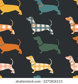 Seamless pattern with colorful dachshunds. Vector illustration. svg