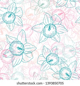 Seamless pattern of colorful daffodils. Stylish wallpaper of spring flowers. Greeting card with delicate spring daffodils.