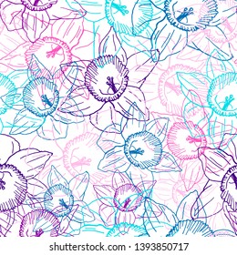 Seamless pattern of colorful daffodils. Stylish wallpaper of spring flowers. Greeting card with delicate spring daffodils.