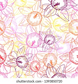 Seamless pattern of colorful daffodils. Stylish wallpaper of spring flowers. Greeting card with delicate spring daffodils.