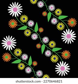 Seamless pattern with colorful daisies and leaves on black background. Vector illustration