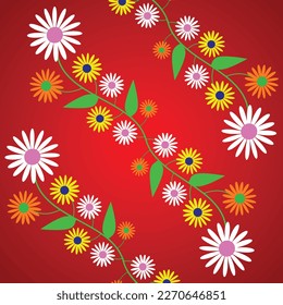Seamless pattern with colorful daisies on a red background. Vector illustration