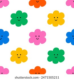 Seamless pattern with colorful daisy flowers. Simple characters with funny faces. Vector flat background