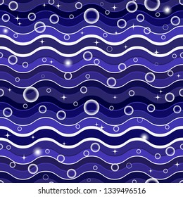Seamless pattern with colorful dark blue waves and gradient balls and stars. Vector image, eps 10