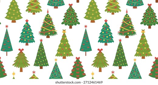 Seamless pattern with colorful decorated Christmas trees in various shapes and styles on isolated background. Vector design for wallpaper, textile, print, crafts, card, winter, holiday, kids graphics.