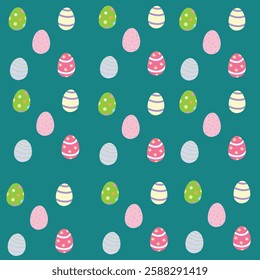 A seamless pattern of colorful decorated Easter eggs on a teal background. Ideal for holiday-themed designs, wrapping paper, and digital projects.	