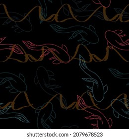 Seamless pattern with colorful decorative fish on black background. Vector illustration