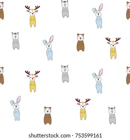 seamless pattern of colorful deer, cat, rabbit and bear, vector illustration, white background wallpaper.