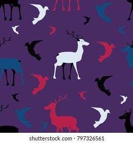 Seamless pattern from colorful deers and birds on a purple background