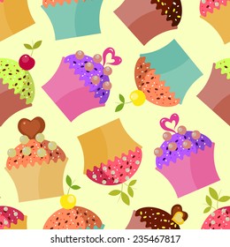 Seamless pattern with colorful delicious cupcakes.Vector sweets background.