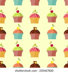 Seamless pattern with colorful delicious cupcakes.Vector sweets background.