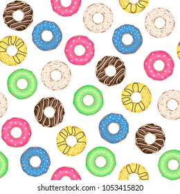 Seamless pattern with colorful and delicious donuts. Vector.