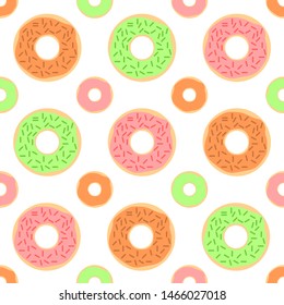 Seamless pattern with colorful delicious donuts with circle ball sprinkles. Vector texture for your design (wrapping paper, fabric, wallpaper)