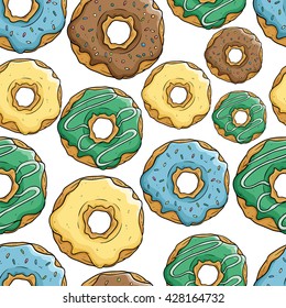 Seamless Pattern of Colorful Delicious Donuts on White Background