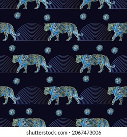  seamless pattern. Colorful detailed, with lots of objects background. Endless vector illustration. Backdrop with  symbols  tigers 