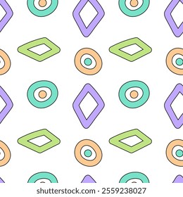 Seamless pattern with colorful diamonds and circles, featuring a playful and modern geometric design.