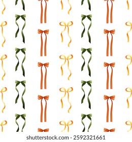 Seamless pattern of colorful different bows and ribbons for clothes, hair. Romantic background with repeating pattern for birthday, cute print, textile design.