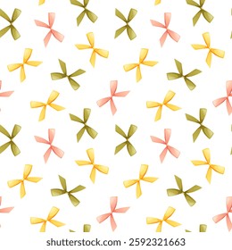 Seamless pattern of colorful different bows and ribbons for clothes, hair. Romantic background with repeating pattern for birthday, cute print, textile design.