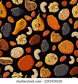 Seamless pattern with colorful different dried fruits and nuts. On black background.Vector illustration.