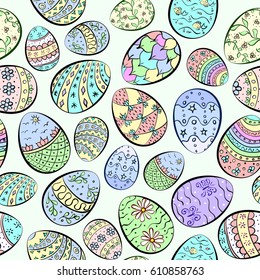Seamless pattern. Colorful different easter eggs with flowers, butterflies, leaves, stars, abstract. Pastel shades. Vector illustration.