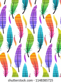 Seamless pattern with colorful different feathers with ethnic pattern on white background. Vector native texture for your wrappers, wallpaper and your design.