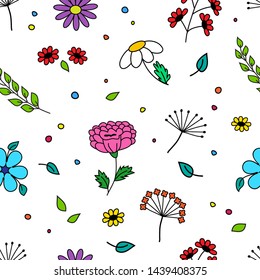 Seamless pattern with colorful different flowers and plant, hand drawn, isolated on white background. Vector illustration