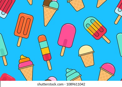Seamless pattern with Colorful Different ice cream. flat style. isolated on blue background