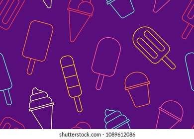 Seamless pattern with Colorful Different ice cream, thin line. isolated on purple background