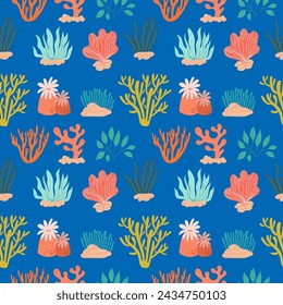 Seamless pattern with colorful different seaweeds on a blue background. Vector