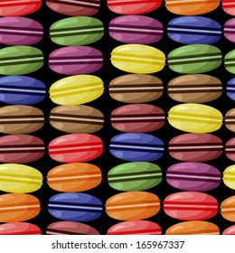 seamless pattern of colorful different taste macaroons on the black background vector