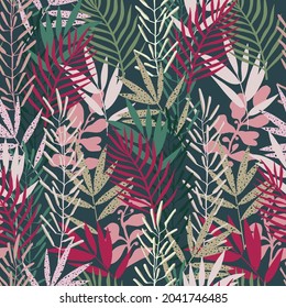 Seamless pattern with colorful different twigs and leaves. Vector botanical background.