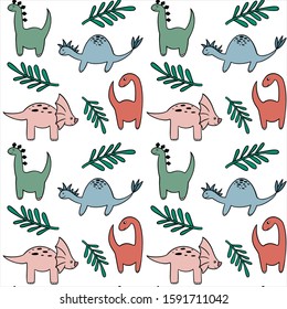 seamless pattern with colorful Dino and twigs. Cute Dinosaur boy print, children textile. Vector version. 