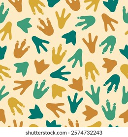 Seamless pattern with colorful dinosaur footprints. Template for print, fabric, wallpaper, wrapping paper. Vector illustration