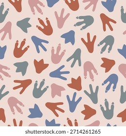 Seamless pattern with colorful dinosaur footprints on beige background. Template for print, fabric, wallpaper, wrapping paper. Vector illustration