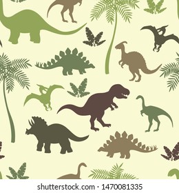 Seamless pattern with colorful dinosaur silhouettes, stegosaurus, Triceratops, Tyrannosaurus, Brontosaurus, pterodactyl and others