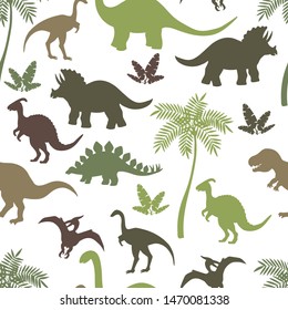 Seamless pattern with colorful dinosaur silhouettes, stegosaurus, Triceratops, Tyrannosaurus, Brontosaurus, pterodactyl and others