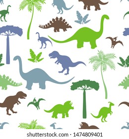 Seamless pattern with colorful dinosaur silhouettes, stegosaurus, Triceratops, Tyrannosaurus, Brontosaurus, pterodactyl and others