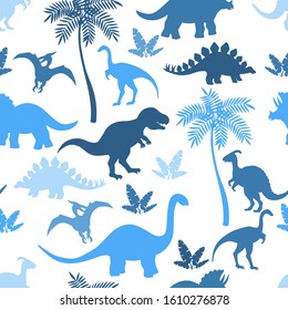 Seamless pattern with colorful dinosaur silhouettes, stegosaurus, Triceratops, Tyrannosaurus, Brontosaurus, pterodactyl and others, for the design of covers, packaging, print on textiles, wallpaper, f